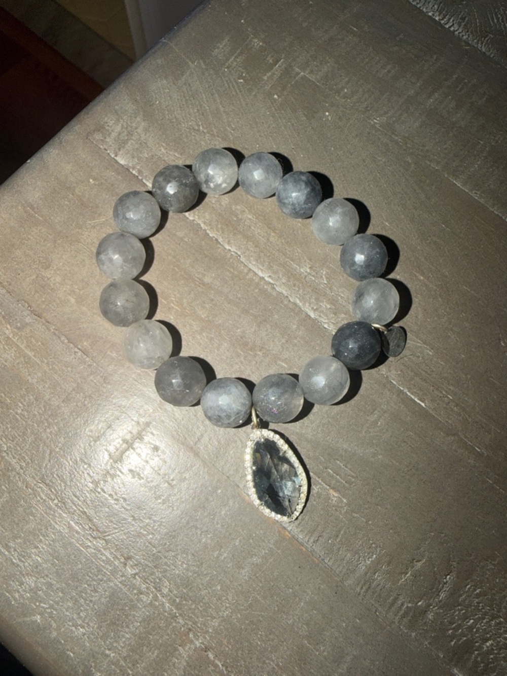 Gray Beaded Stretch Bracelet with Faceted Pendant - Women's Jewelry